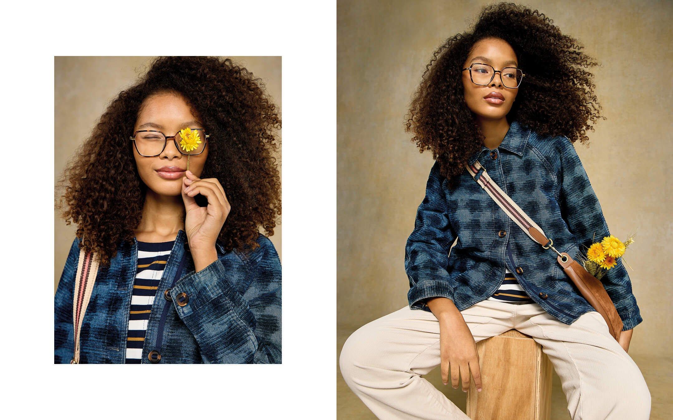 two images of a woman with glasses and a flower