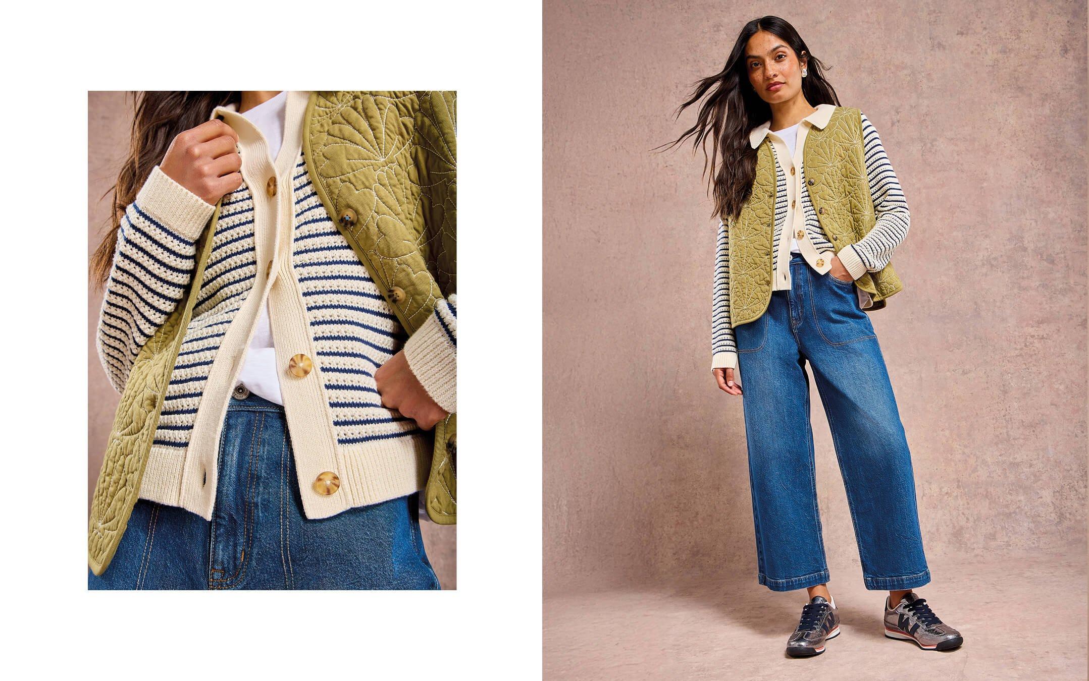 two pictures of a woman wearing jeans and a sweater