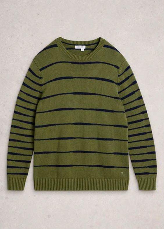 a green sweater with stripes on it
