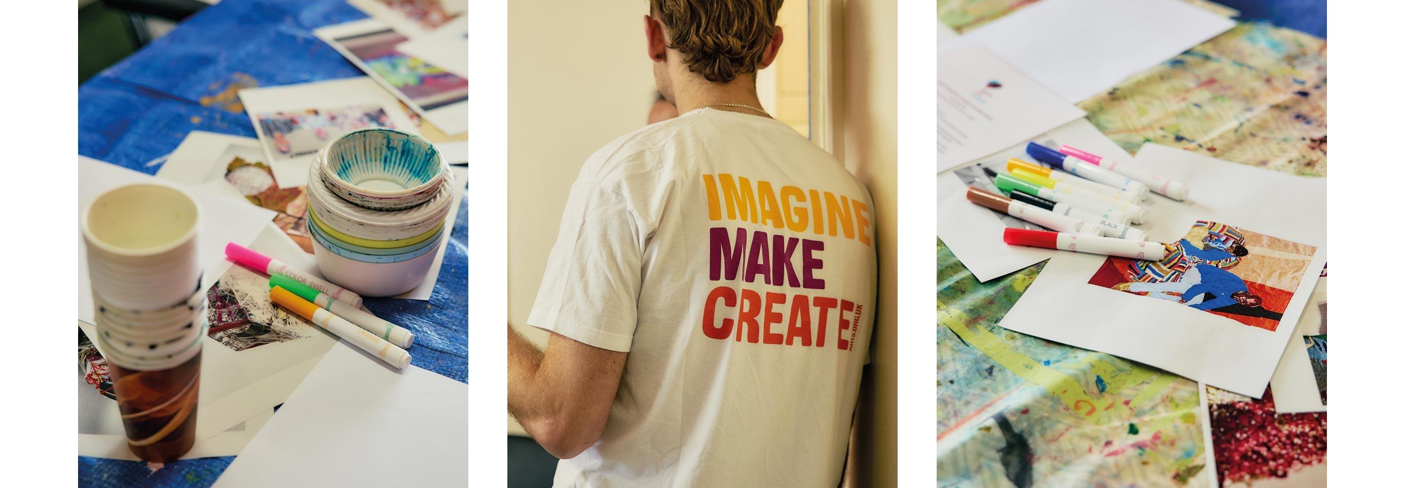 Man in a Create t-shirt and art materials.