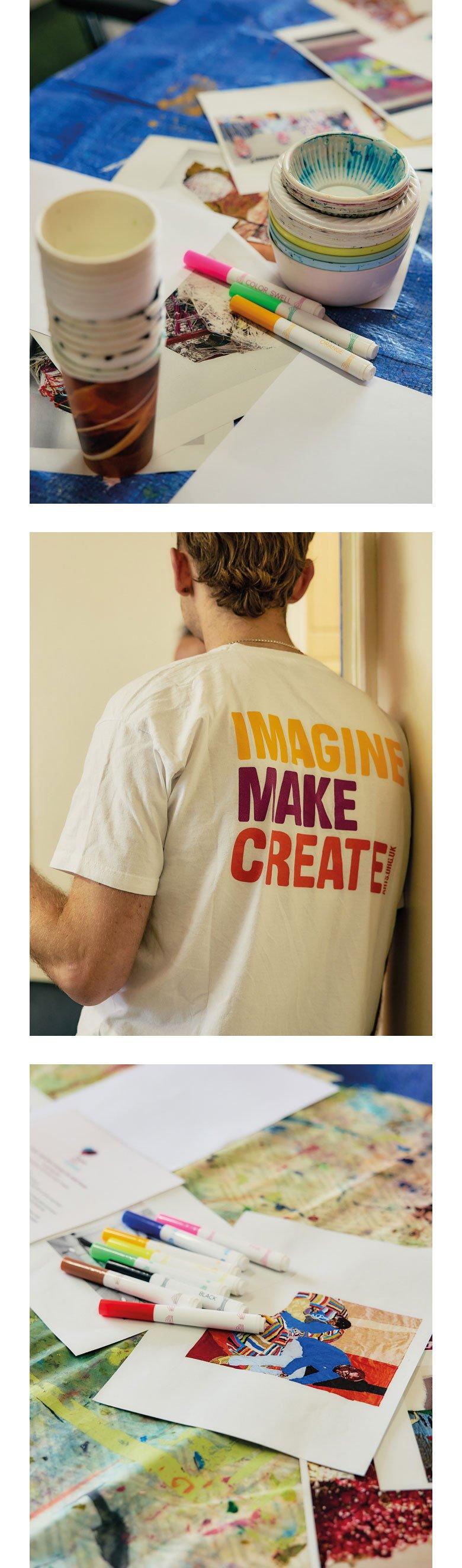 Man in a Create t-shirt and art materials.