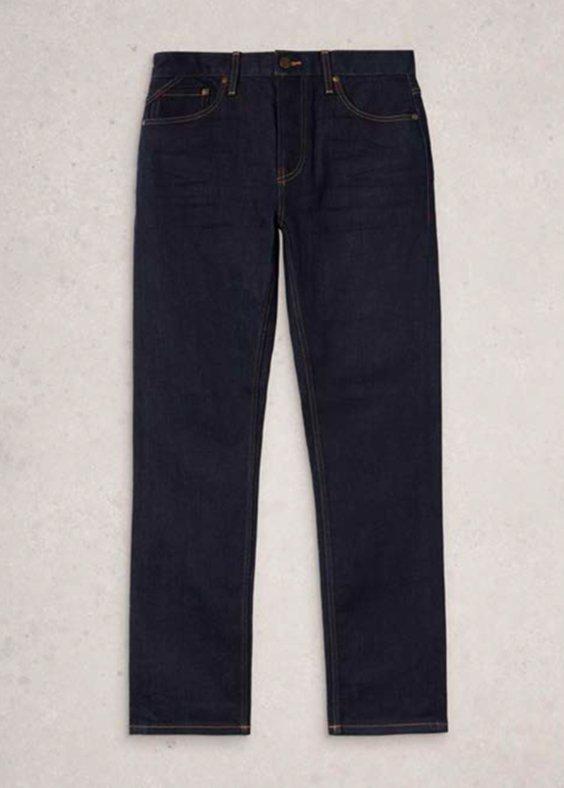 a pair of jeans that are dark blue and have a buttoned waist
