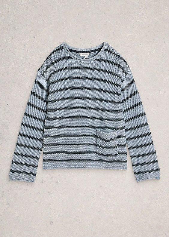 the striped sweater is made from a striped fabric