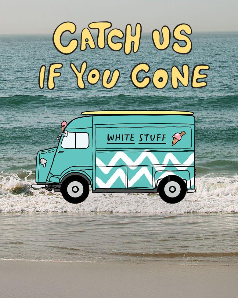 a cartoon ice cream truck is parked on the beach with the ocean in the background