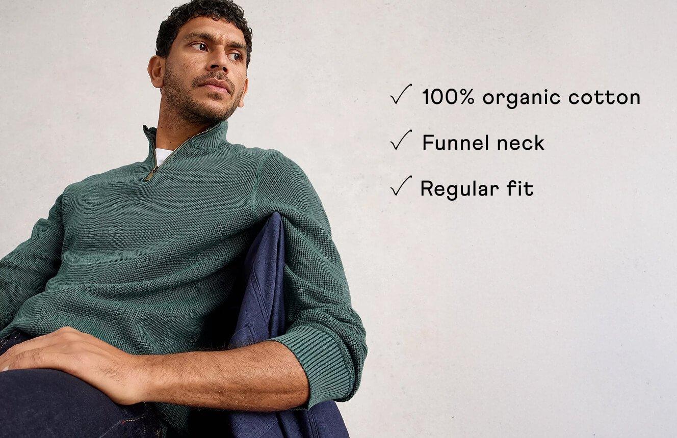 A man wearing the Attadale Jumper. Text on Image is a 5 star review written by Mandy: "Lovely quality jumper. Nice to find a pure cotton one".