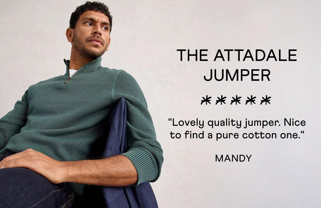 A man wearing the Attadale Jumper. Text on Image is a 5 star review written by Mandy: "Lovely quality jumper. Nice to find a pure cotton one".