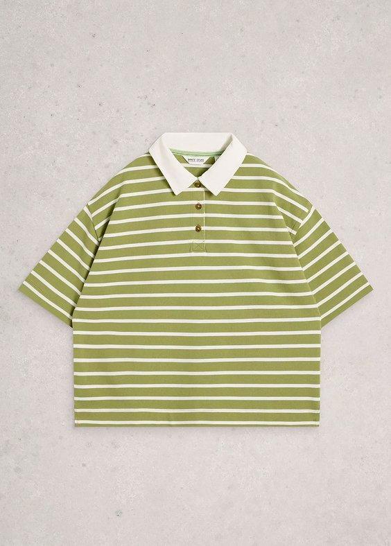 a green and white striped polo shirt