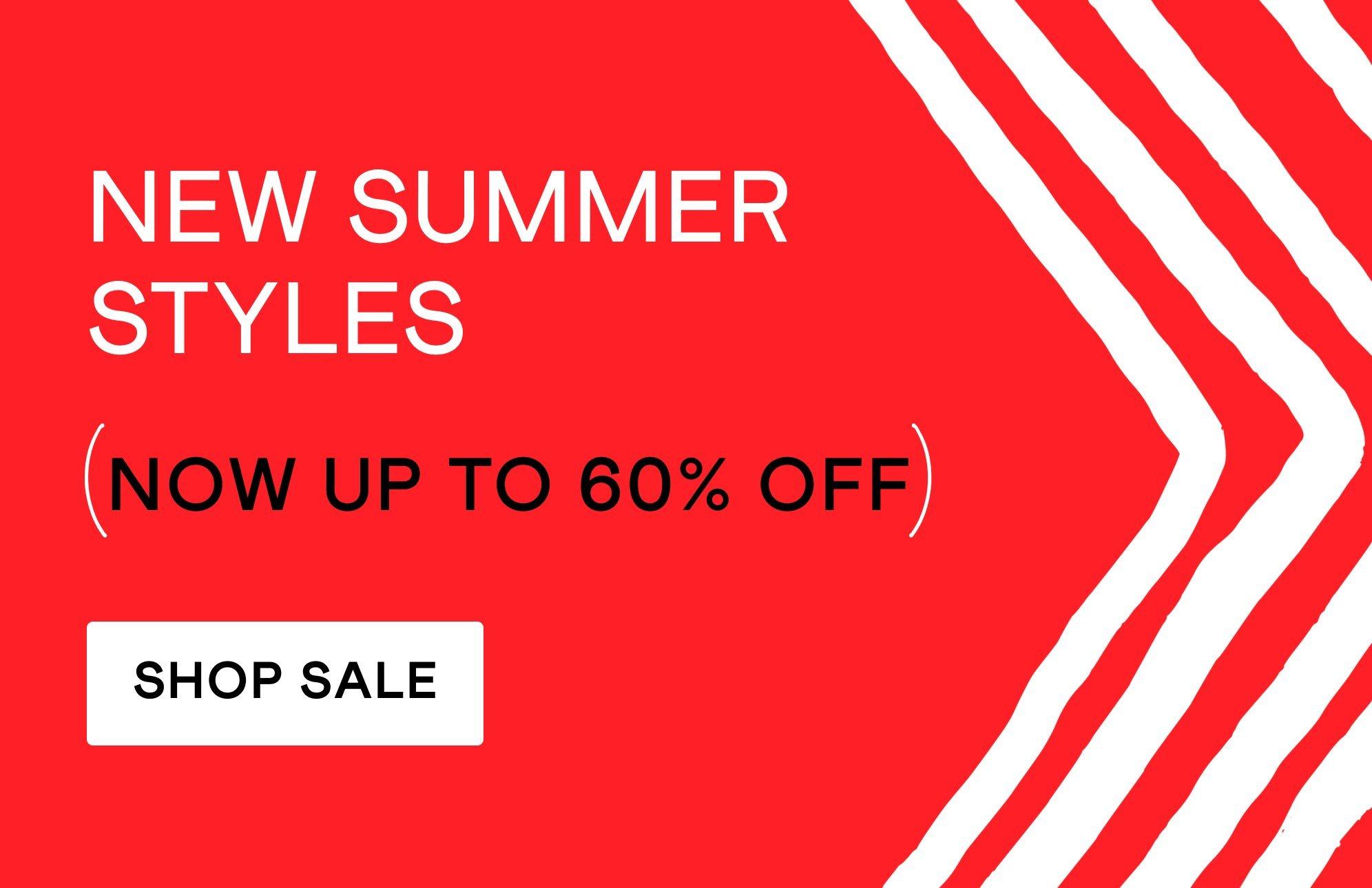 A red background with white arrows and the text " New Summer Styles, now up to 60% off". Click here to shop sale.