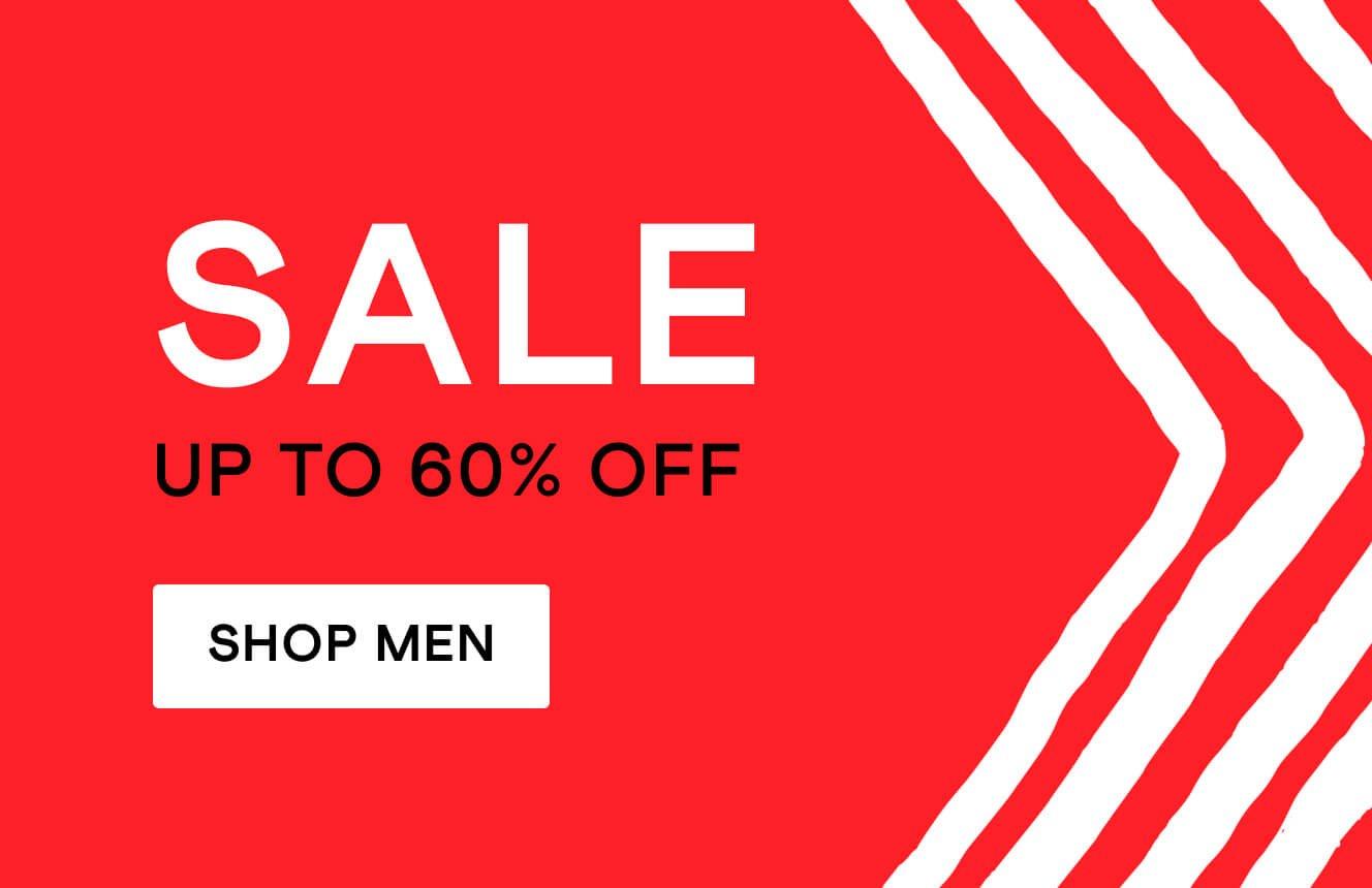 A red backgrouns with white arrows and the text " Sale up to 60% off". Click here to shop sale.