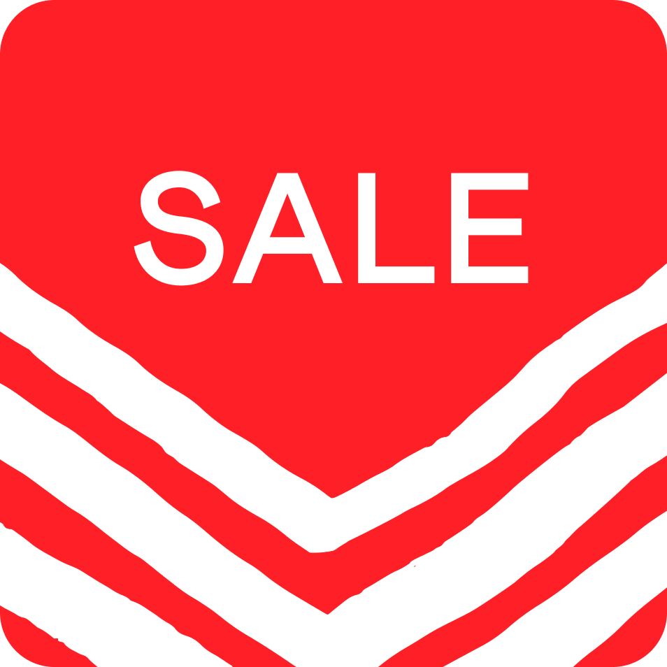 a red and white square with a sale sign on it