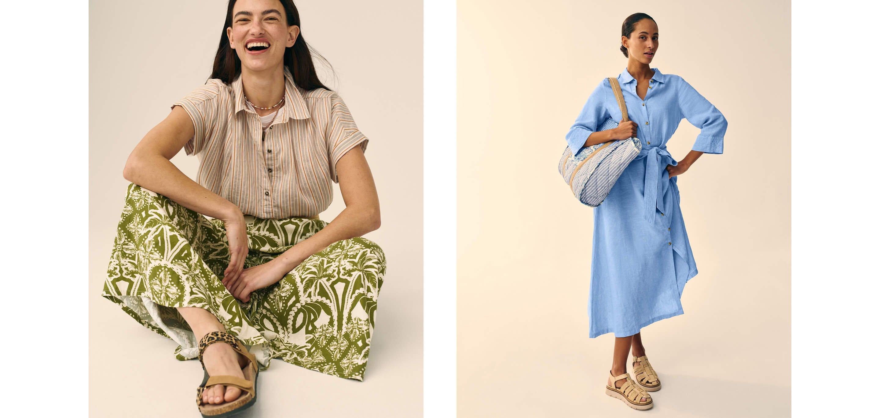 two different pictures of women in different linen outfits