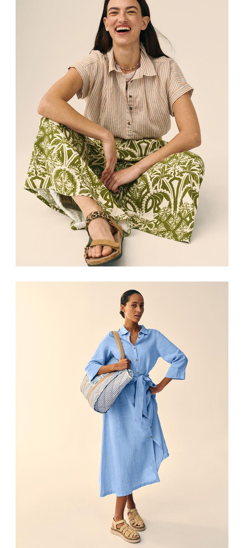 Two different pictures of women in different poses and outfits