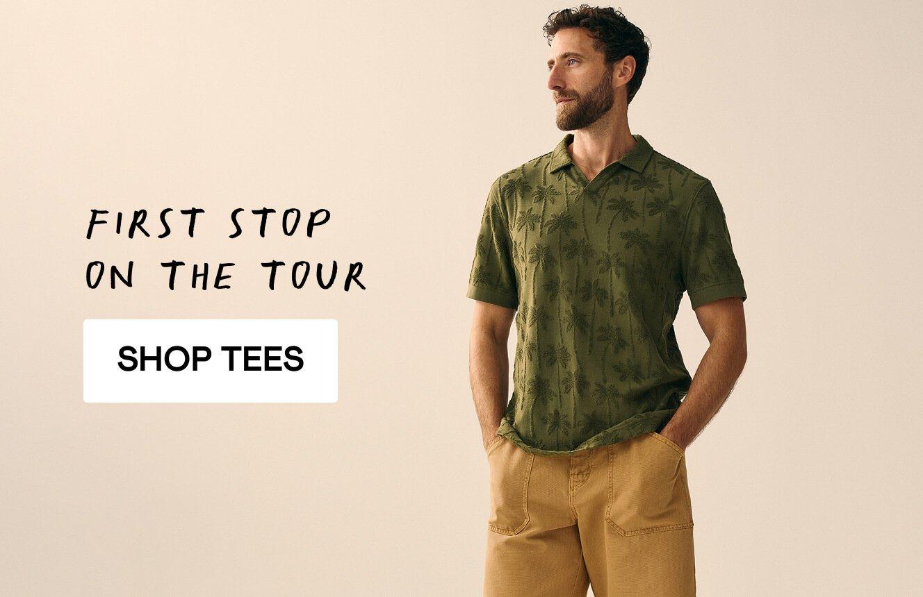 a man wearing a tshirt with the text "first stop n the tour", click here to shop T-shirts.