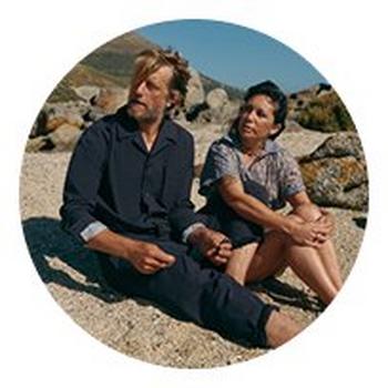 a man and a woman sitting on a beach