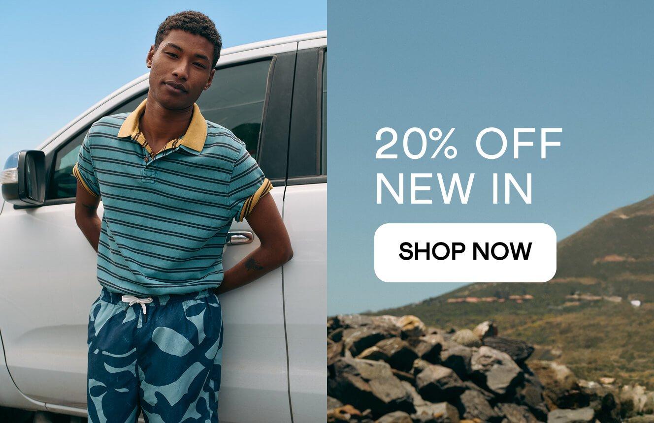 a man wearing a jacket and jeans, with the text "20% off new in", click here to shop new in clothing.