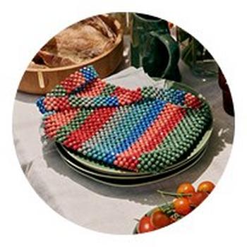 a plate of food with a colorful pattern on it
