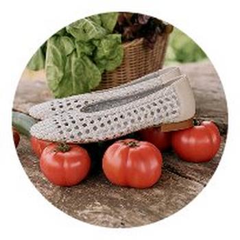 a pair of shoes and tomatoes on a table with a basket of vegetables
