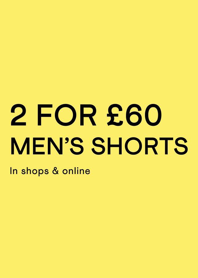 a yellow background with the words 2 for £60 men's shorts
