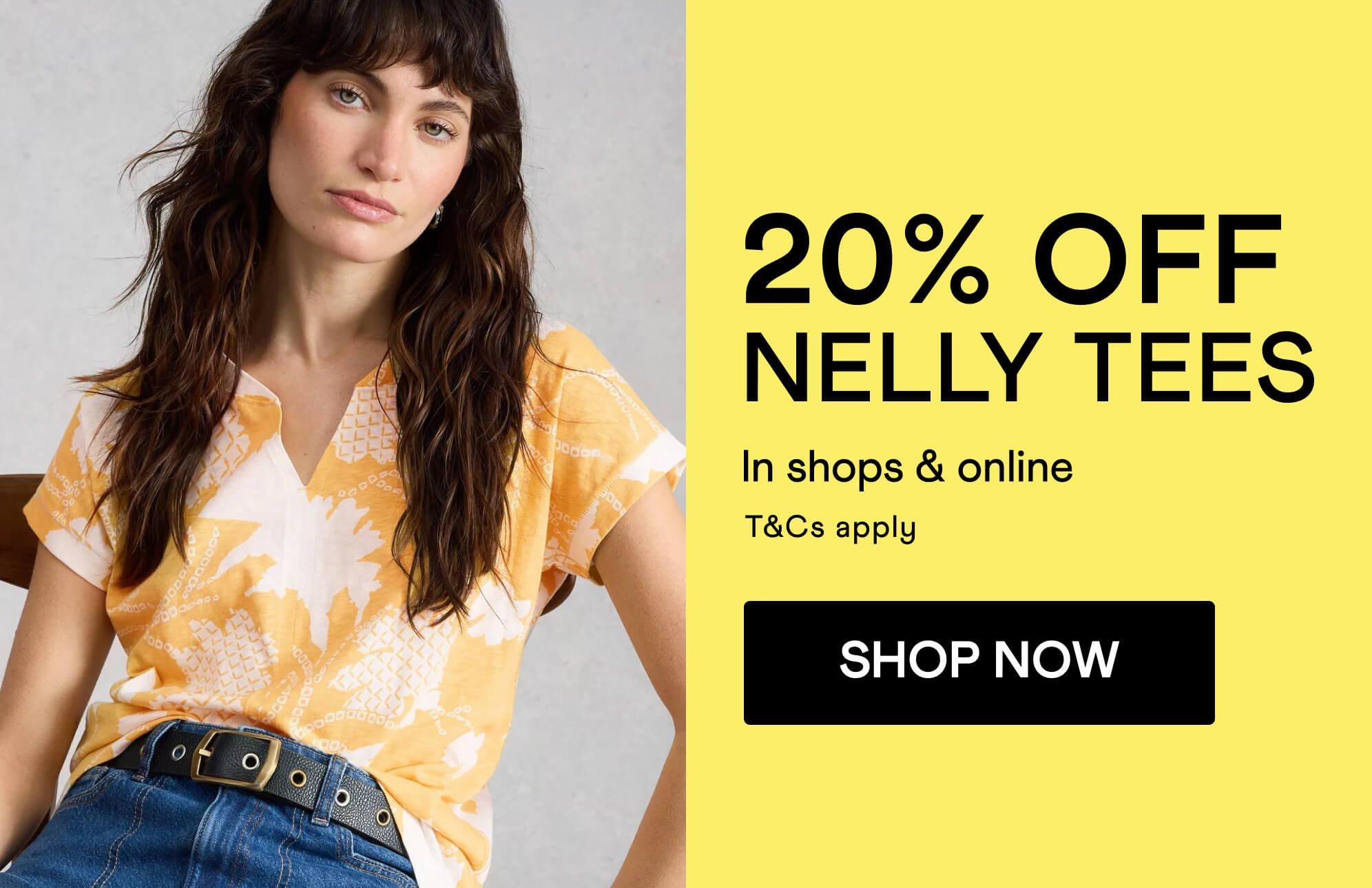 a banner with the text "20% OFF NELLY TEES", click here to shop