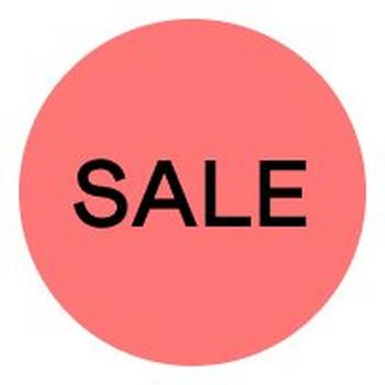 a pink sale sign with a white background and a red circle