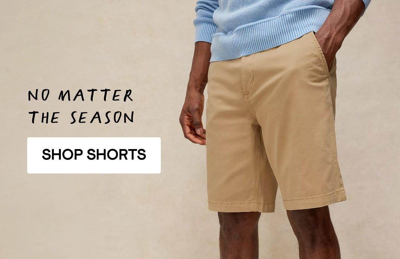  a man wearing summer clothes with the text "summer's happening", click here to shop new in