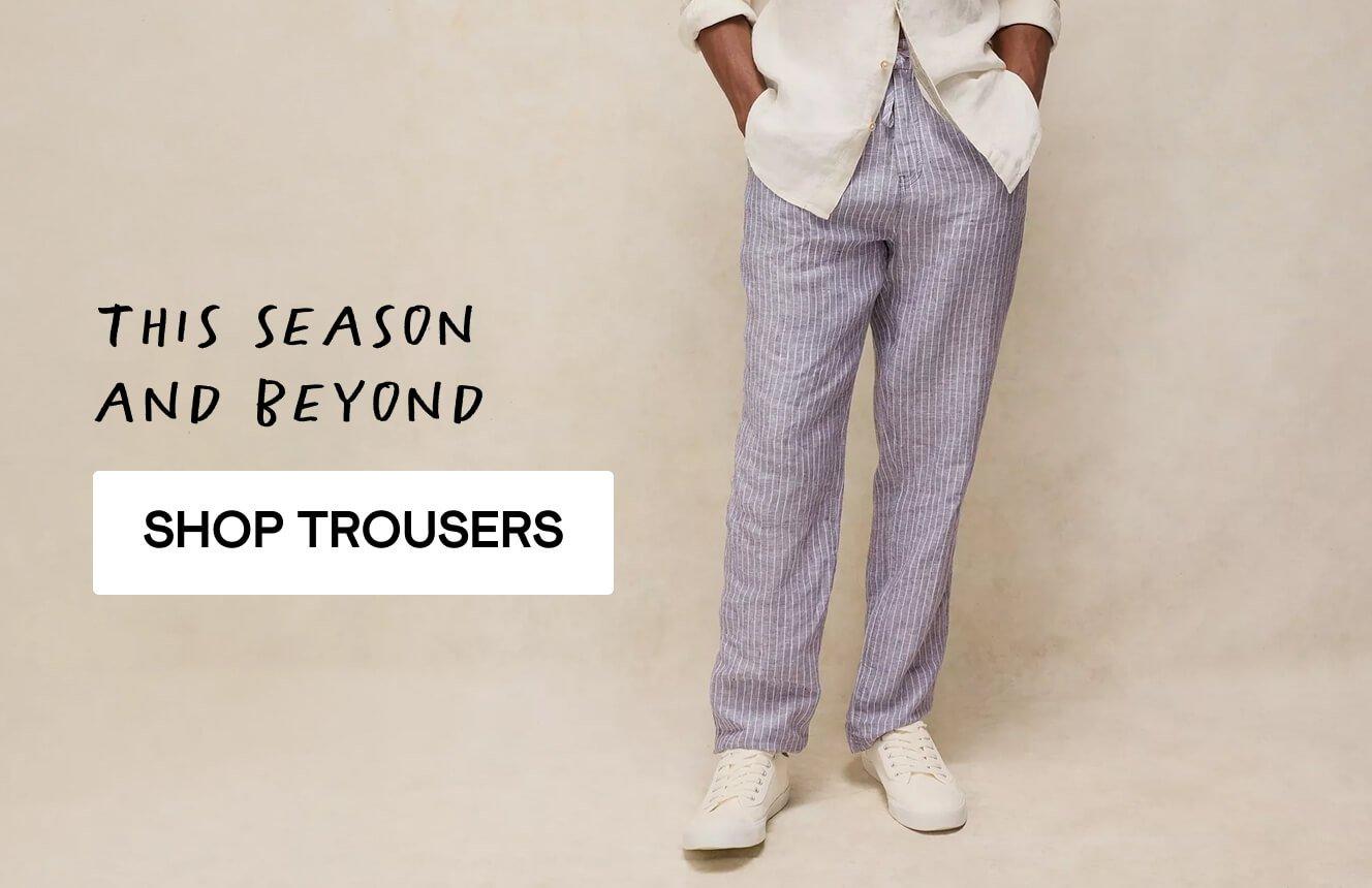  a man wearing summer clothes with the text "summer's happening", click here to shop new in