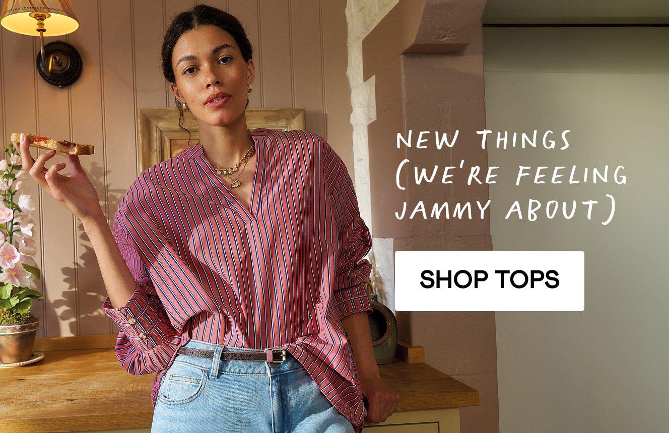 a woman wearing white stuff with the text "summer is in session", click here to shop.