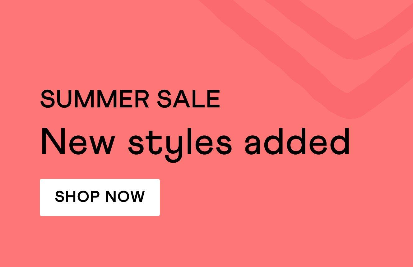 A pink background and the text " Summer sale new styles added". Click here to shop sale.