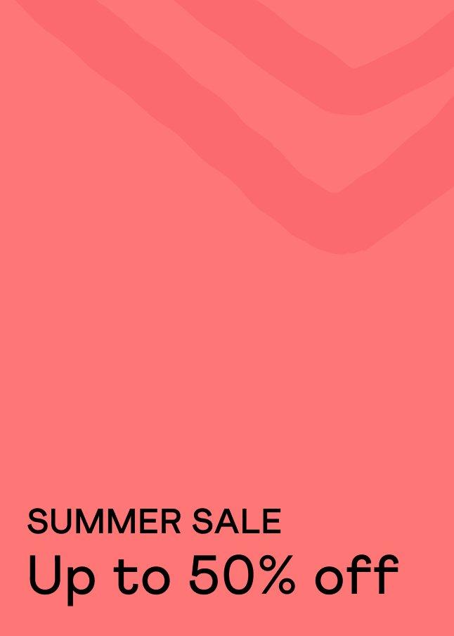 a pink poster with the words summer sale up to 50 % off