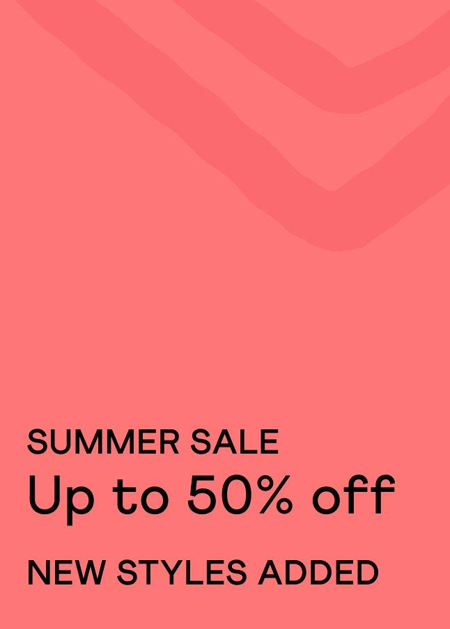 a pink poster with the words summer sale up to 50 % off New Styles Added
