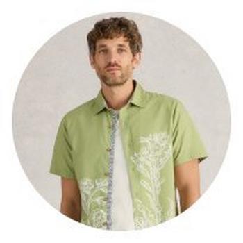 a man in a green shirt and white shirt