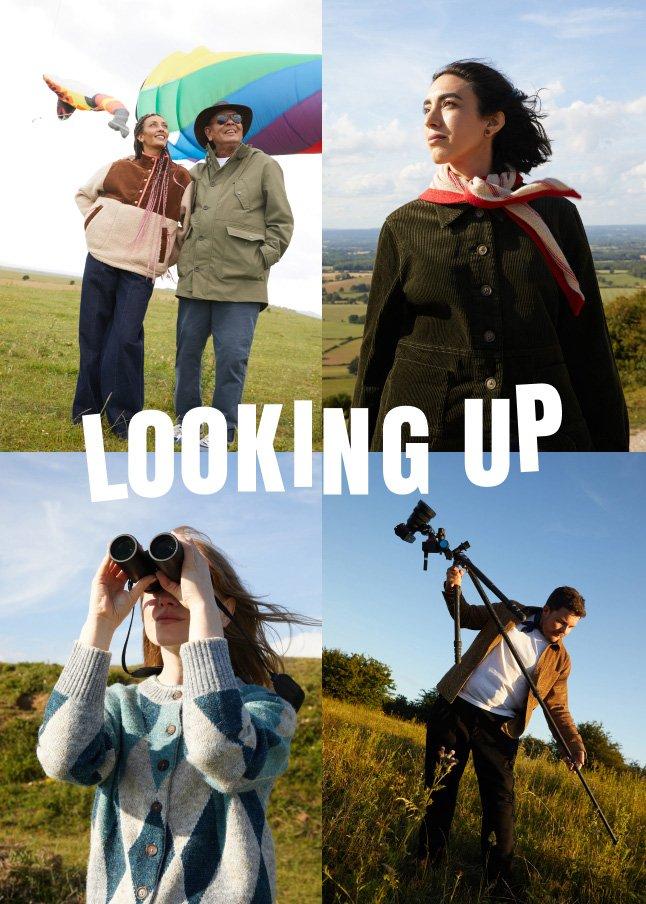 a collage of a group of people standing in a field looking up