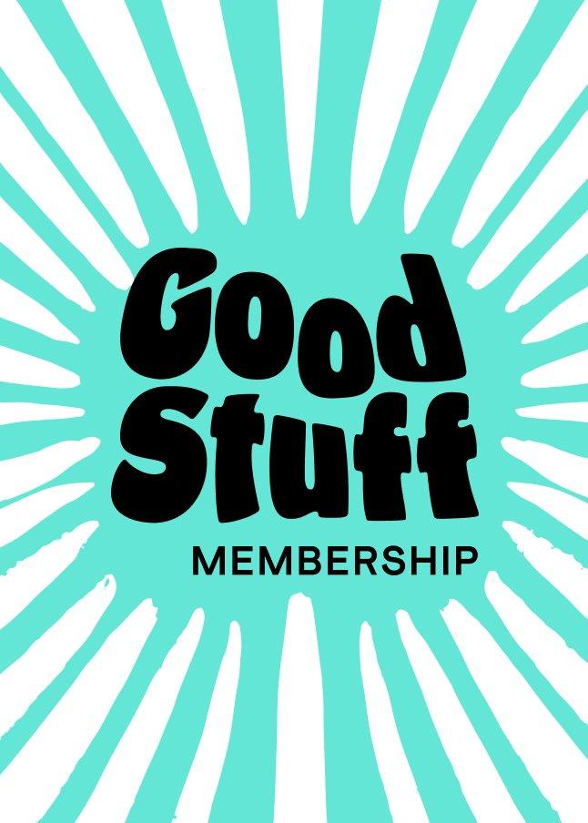 a blue and white logo with the words good stuff membership
