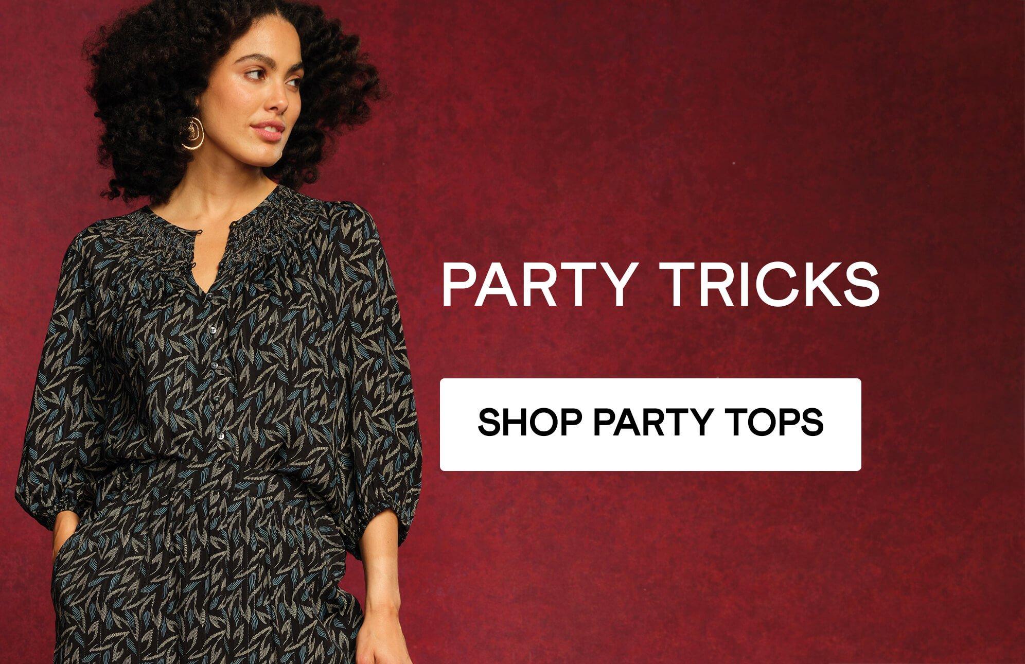 A woman wearing a party top, click here to shop more.