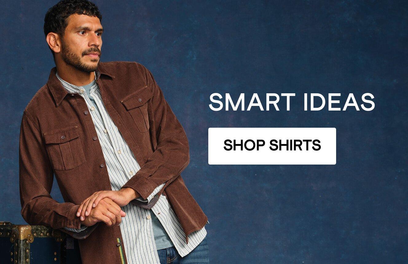 an image of a man wearing a shirt, with the text "smart ideas", click here to shop shirts.