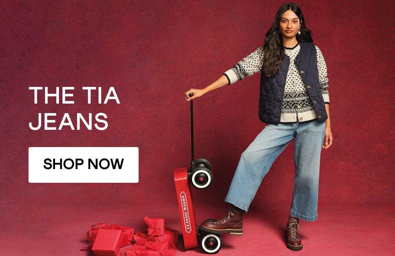 A woman wearing the Tia Jeans. Click here to shop more.