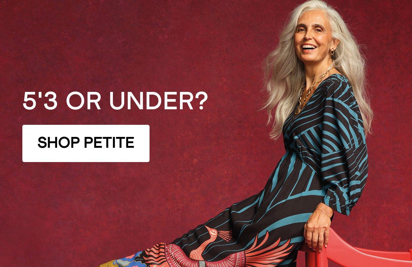 a woman wearing a patite dress, click here to shop more.