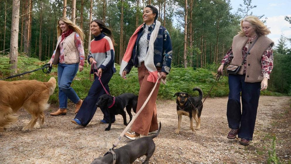 a photo of a group of women wearing White Stuff clothing in a forest walking their dogs