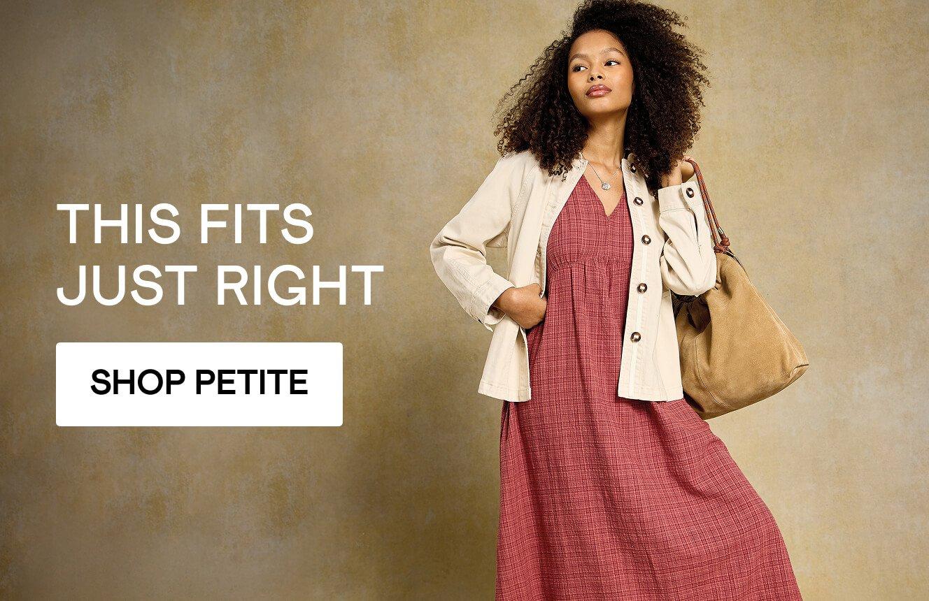 a woman wearing a petite dress and petite jacket, click here to shop.