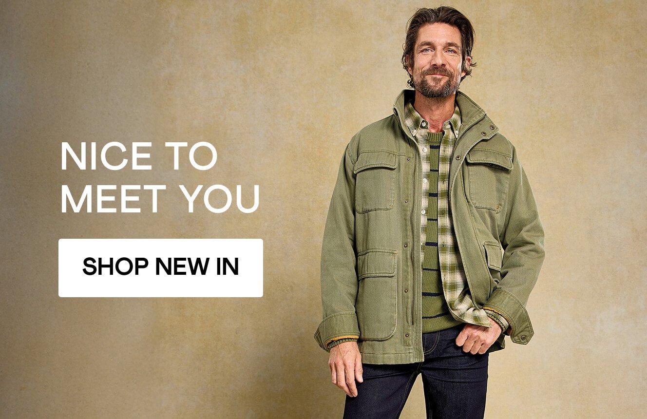 a man wearing a jacket and shirt, click here to shop new in clothing.