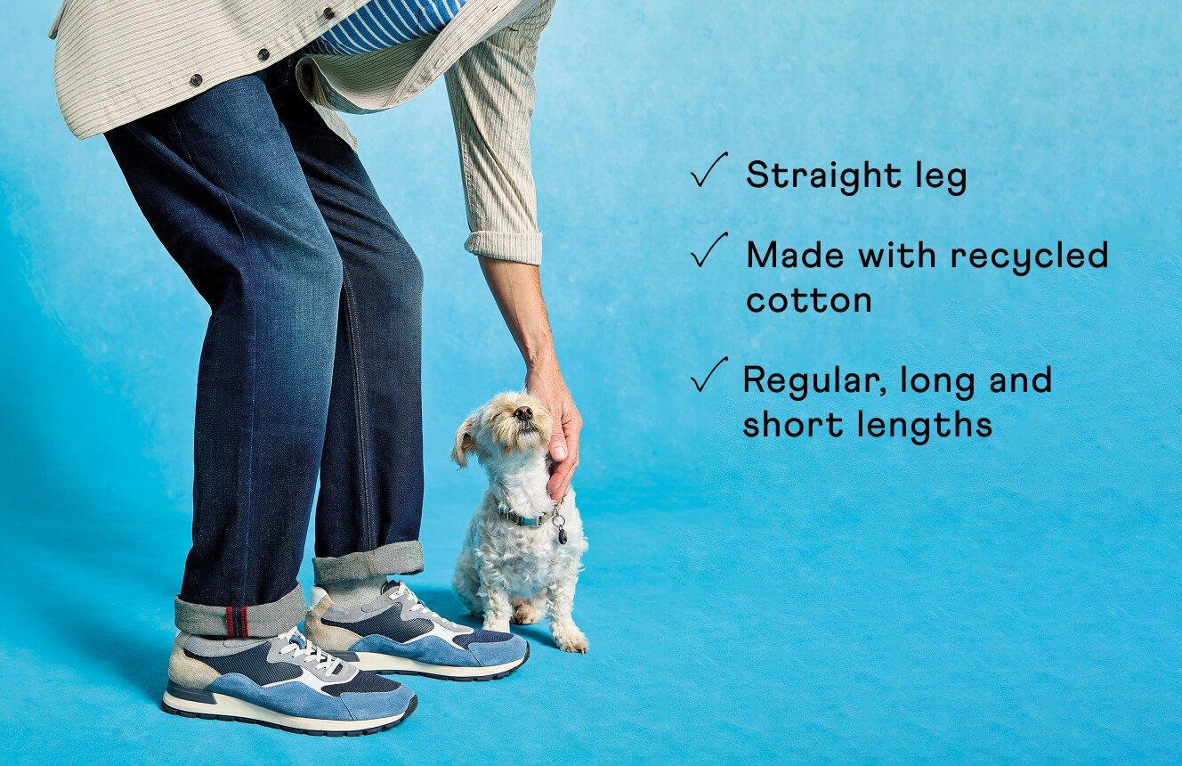 A man wearing the Eastwood jeans, text on image is "straight leg, made with recycled cotton, regular long and short lengths".