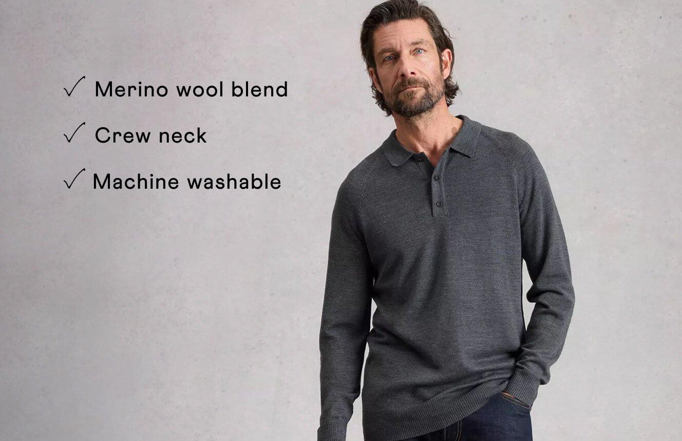 a list of atributes of the Newport Merino Jumper saying "100%extrafine merino wool, available in tall lengthm machine washabble"