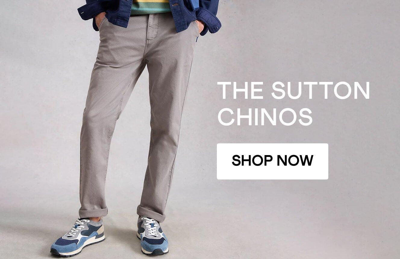 A man wearing the Sutton Chino. Click here to shop Sutton Chinos.