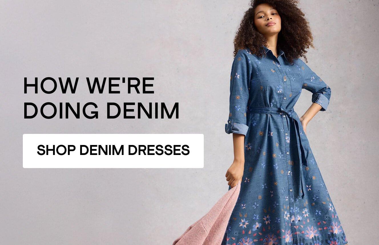 A woman wearing a Denim Dress. Click here to shop denim dresses.
