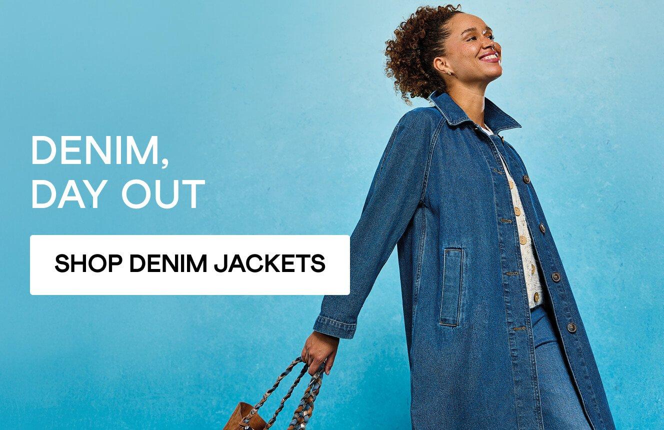 A woman wearing a denim jacket. Click here to shop denim jackets.