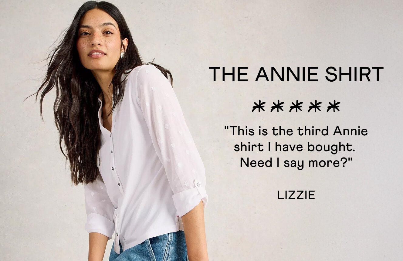 A woman wearing the Annie Shirt. Text on Image is a 5 star review written by Lizzie: "This is the thirs Annie shirt I have bought, need I say more?".