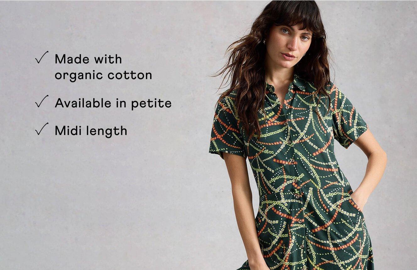 A woman wearing the Rua Dress. Text on Image is "Made with organic cotton, available in petite, midi length".