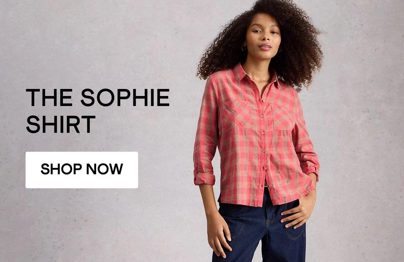 A woman wearing the Sophie Shirt. Click here to shop more.