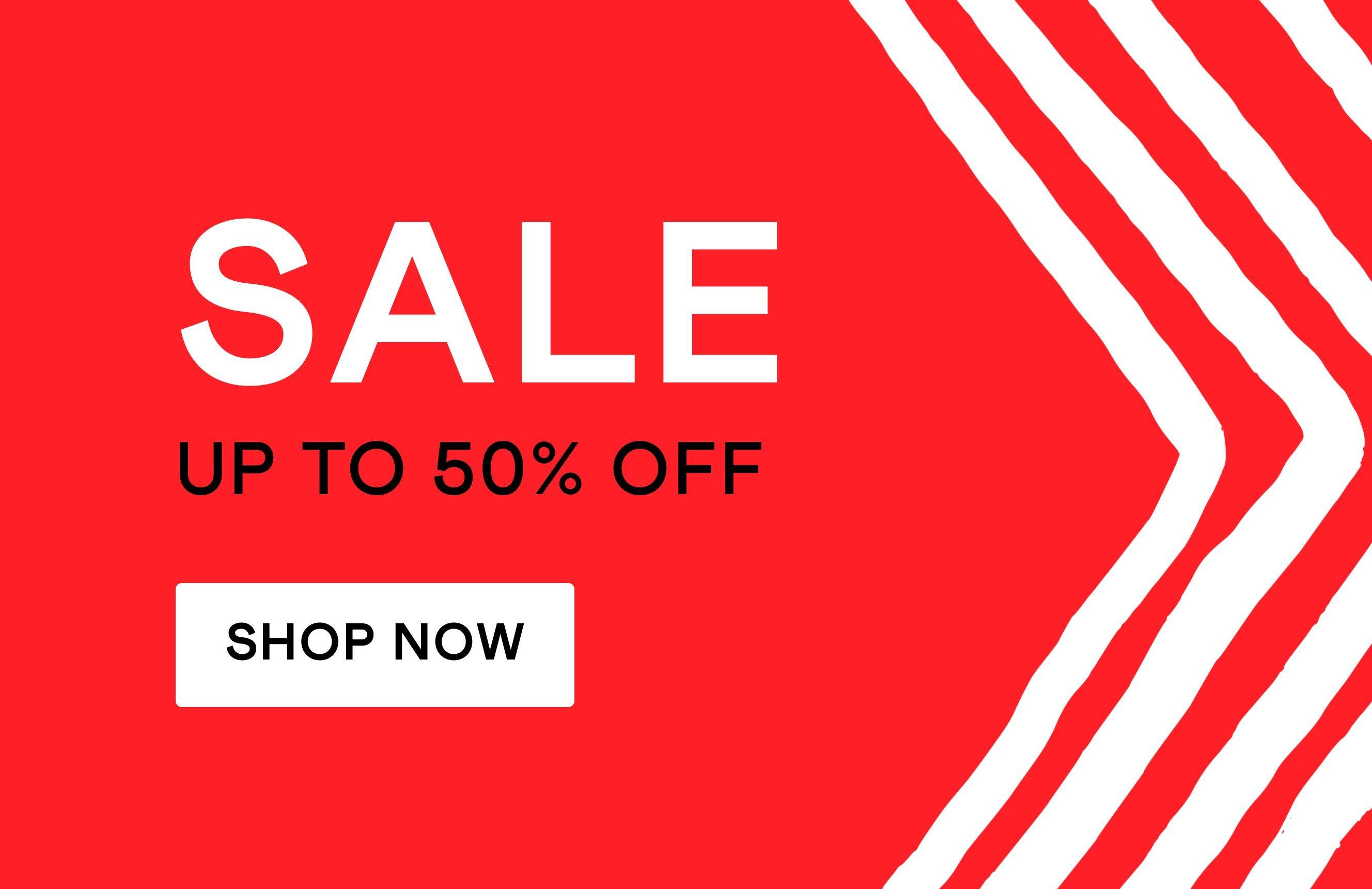 A red backgrouns with white arrows and the text " Sale up to 50$ off". Click here to shop sale.