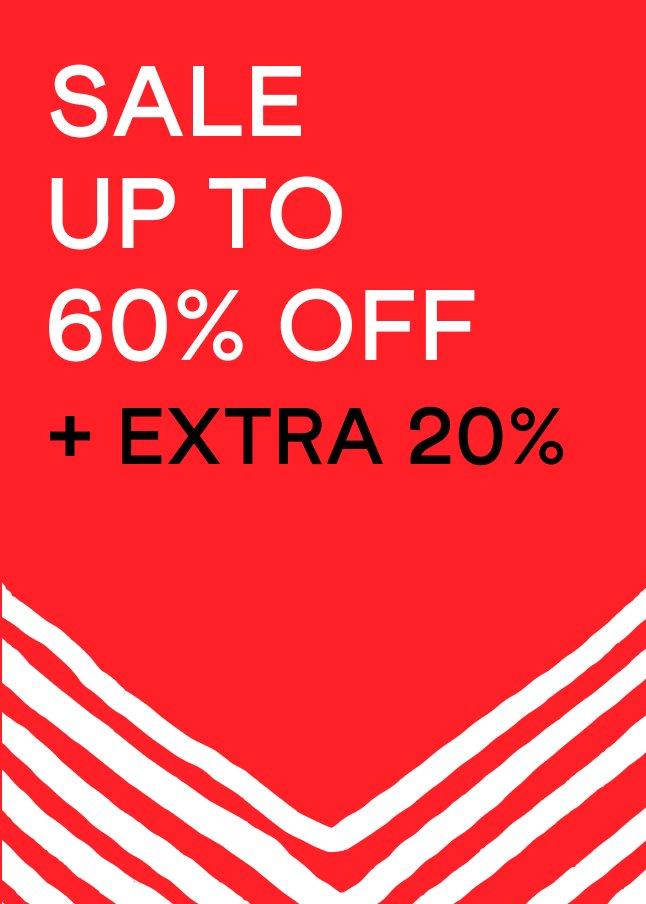a red and white striped banner with the words sale up to 60 % off plus extra 20 %